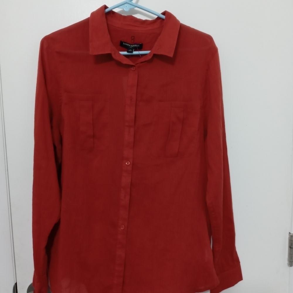 Banana Republic Long Sleeve Sheer Button Down Orange Blouse w Pockets